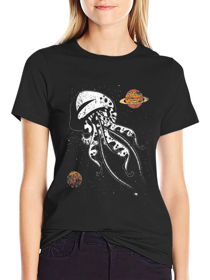 Camiseta Negra Estampada: Medusa Espacial