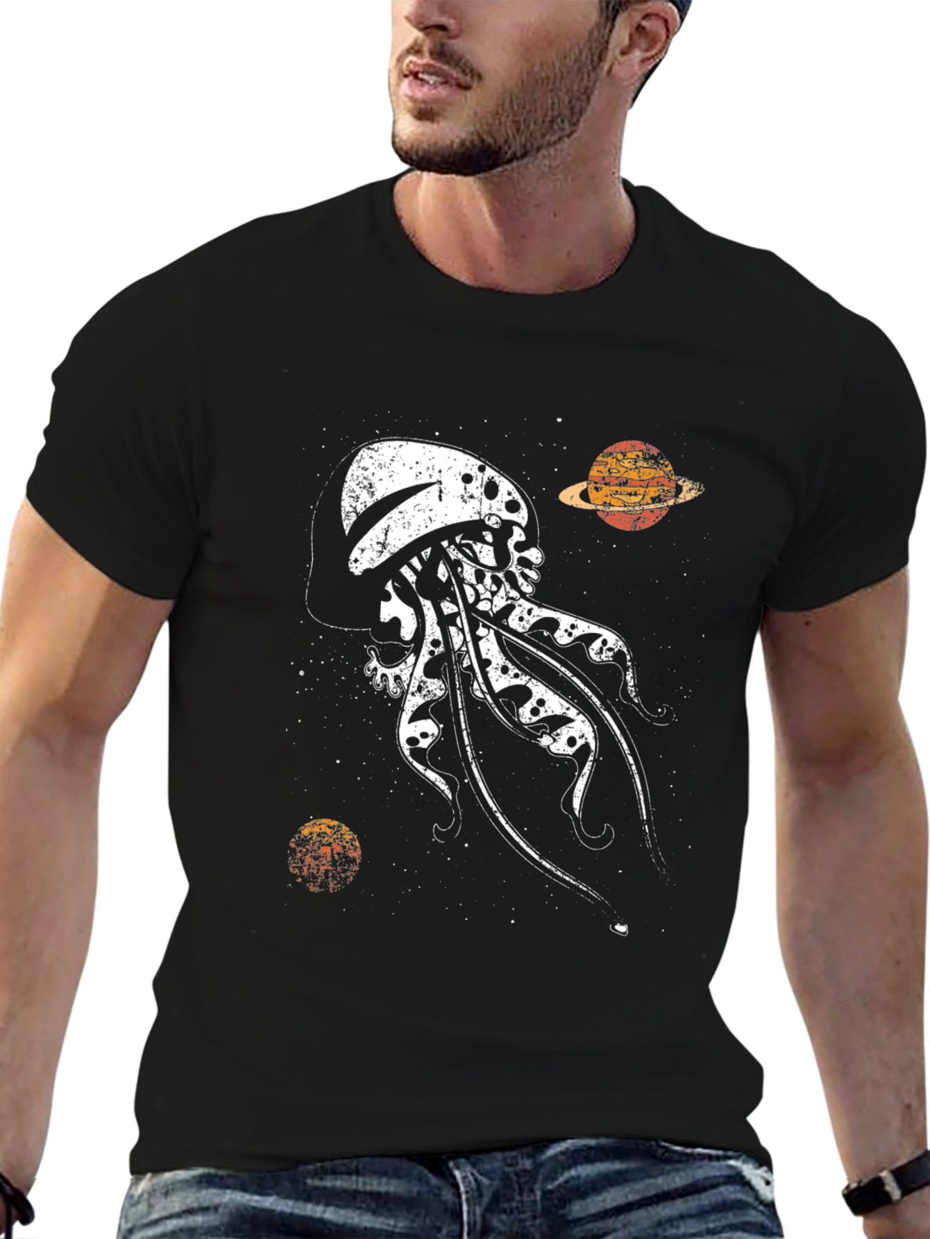 Camiseta Negra Estampada: Medusa Espacial