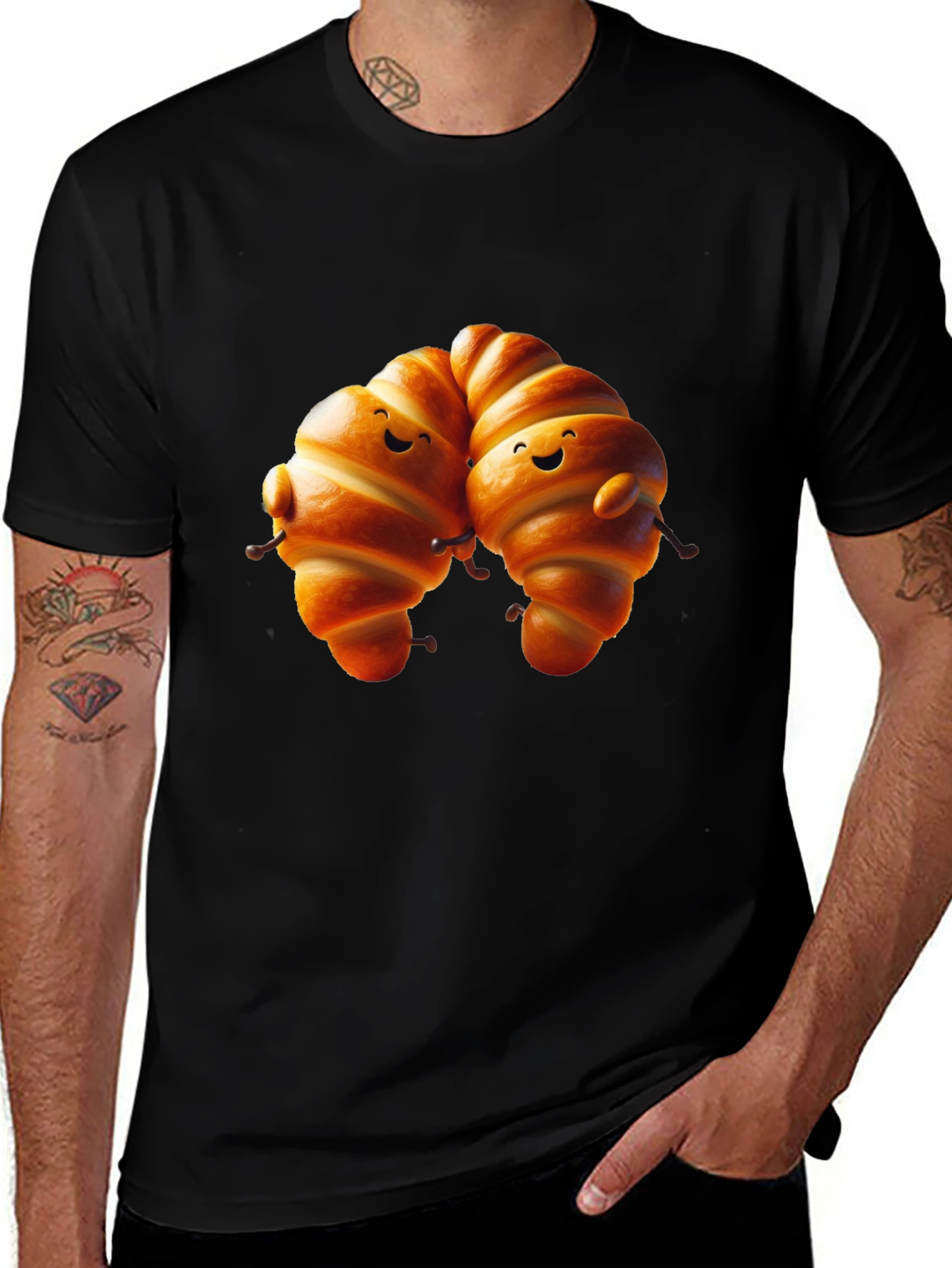 Camiseta Negra con Diseño de Croissants Amigables