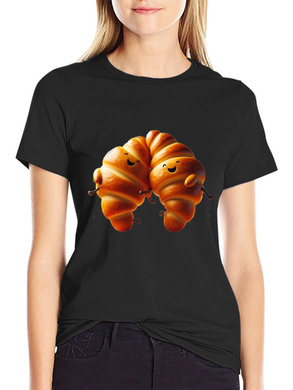 Camiseta Negra con Diseño de Croissants Amigables