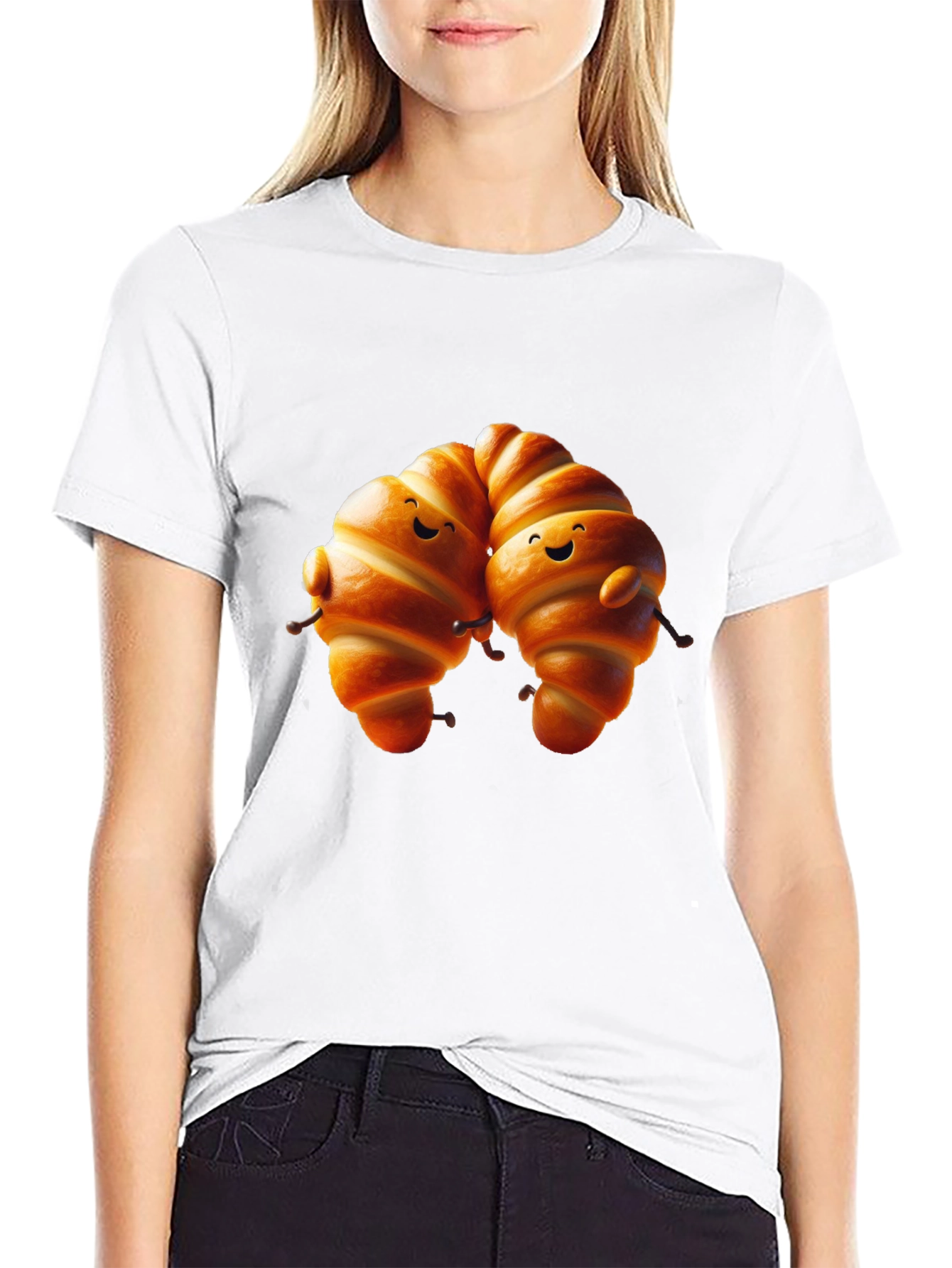 Camiseta Negra con Diseño de Croissants Amigables