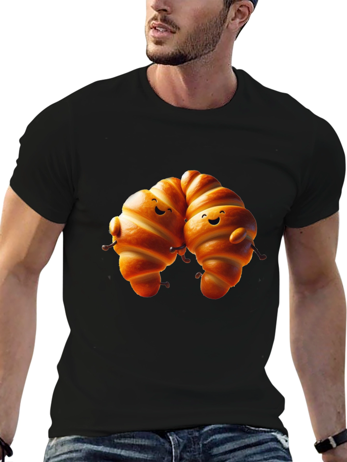 Camiseta Negra con Diseño de Croissants Amigables