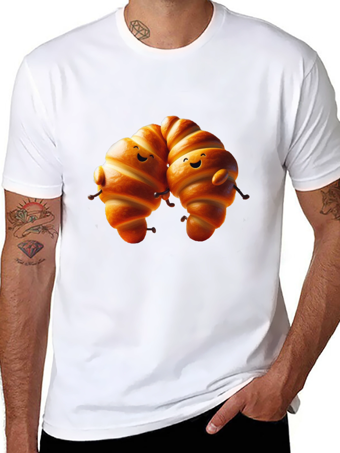 Camiseta Negra con Diseño de Croissants Amigables
