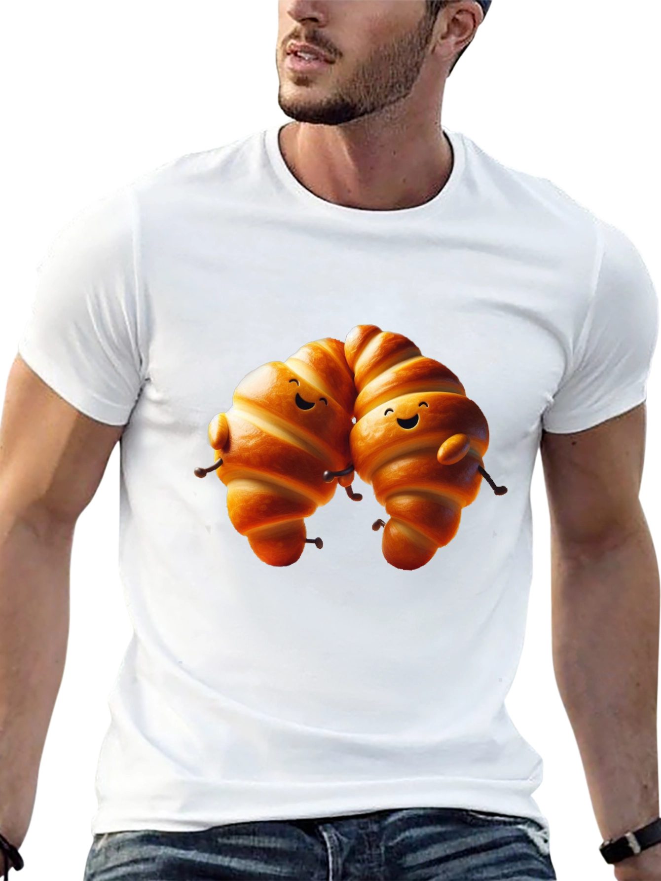 Camiseta Negra con Diseño de Croissants Amigables
