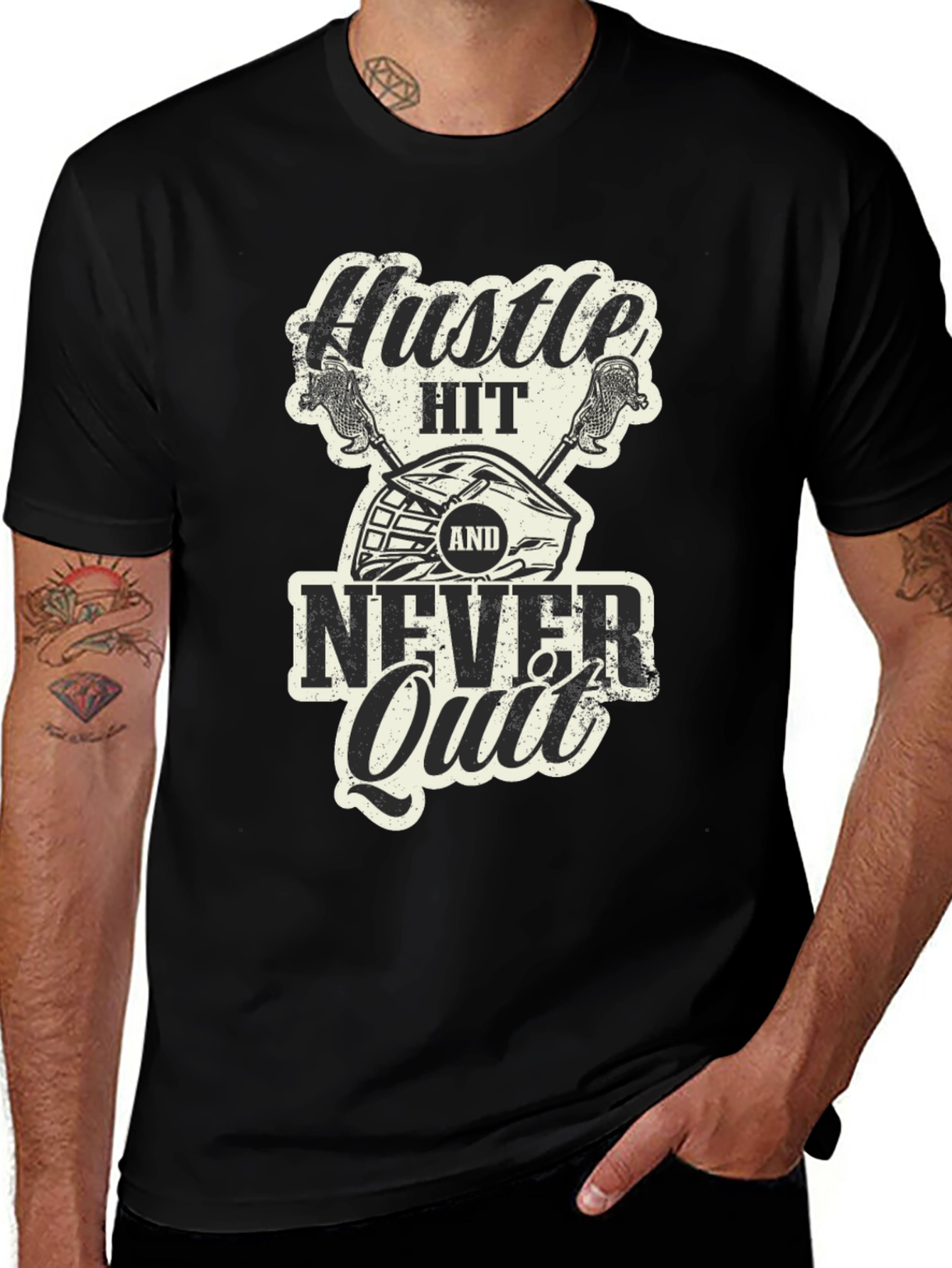 Camiseta Negra Hustle Hit Never Quit Lacrosse