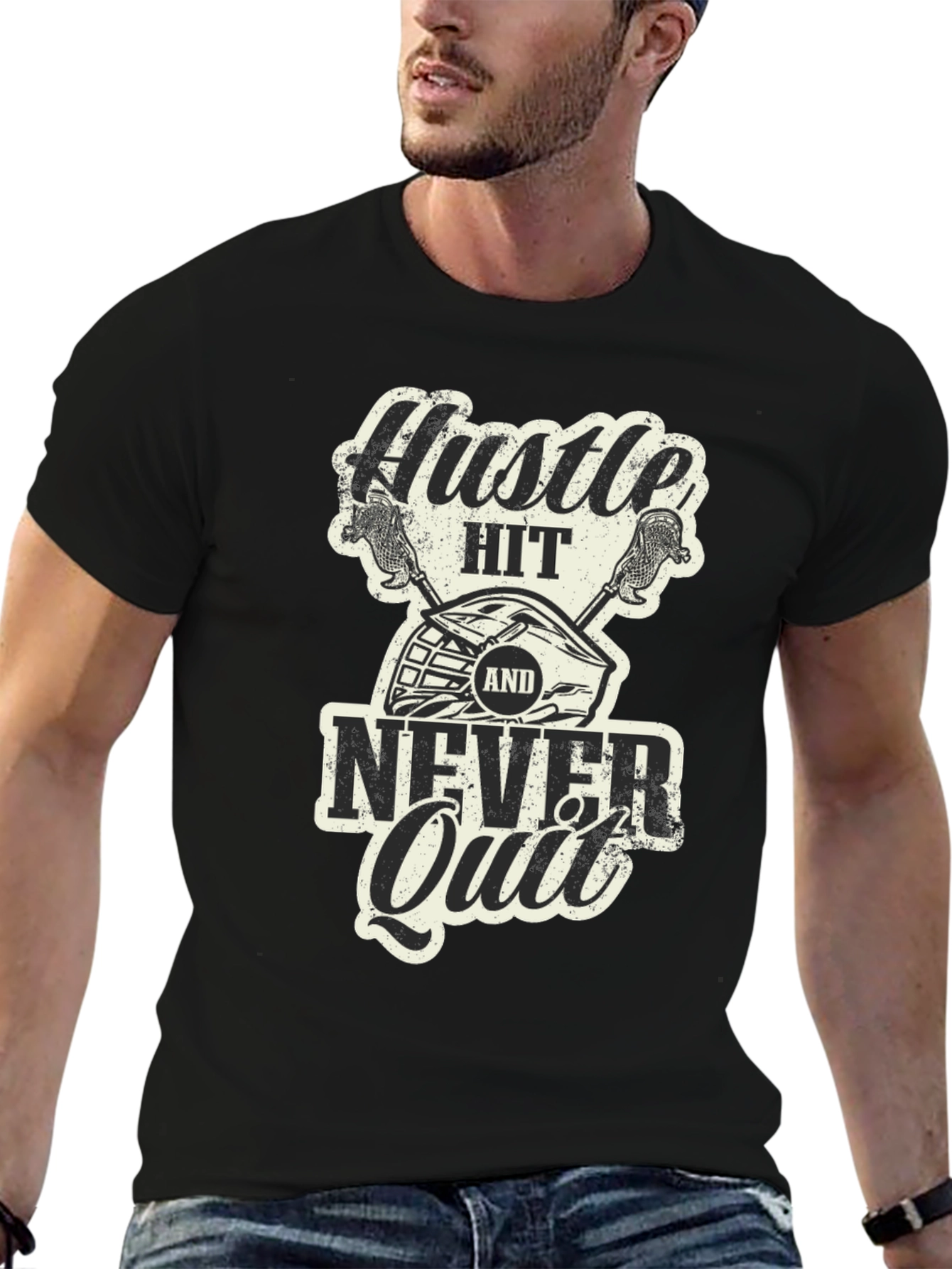 Camiseta Negra Hustle Hit Never Quit Lacrosse