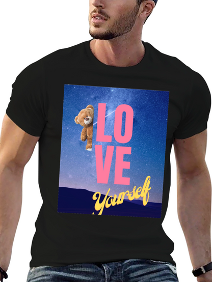 Camiseta Negra: Love Yourself con Oso en el Espacio