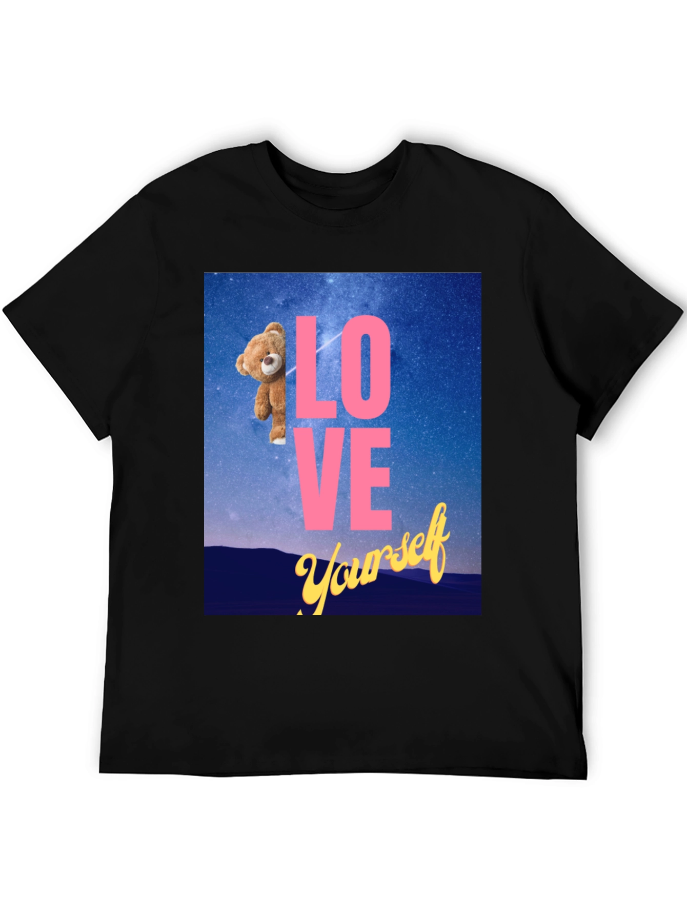 Camiseta Negra: Love Yourself con Oso en el Espacio