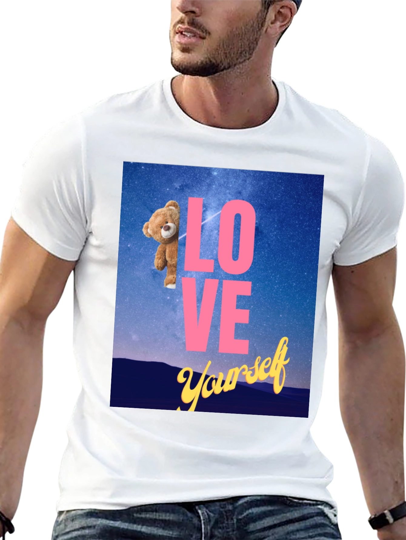 Camiseta Negra: Love Yourself con Oso en el Espacio