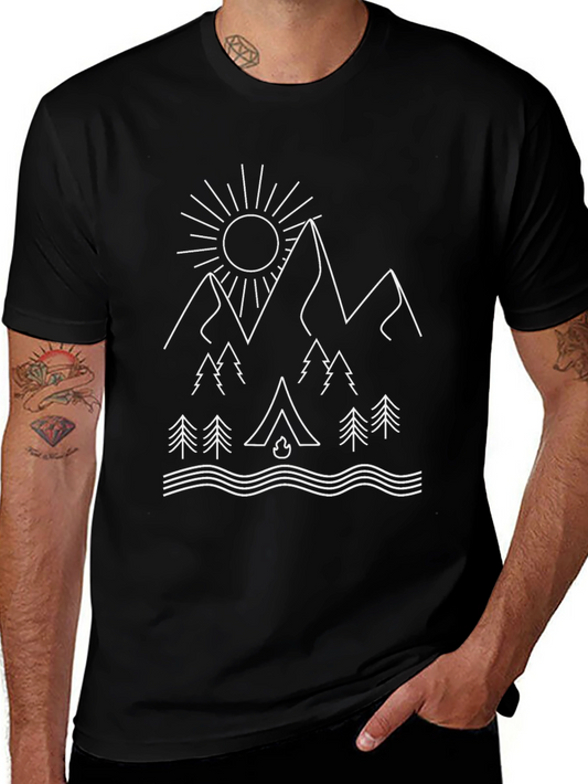 Camiseta Negra Estampado Montaña y Camping