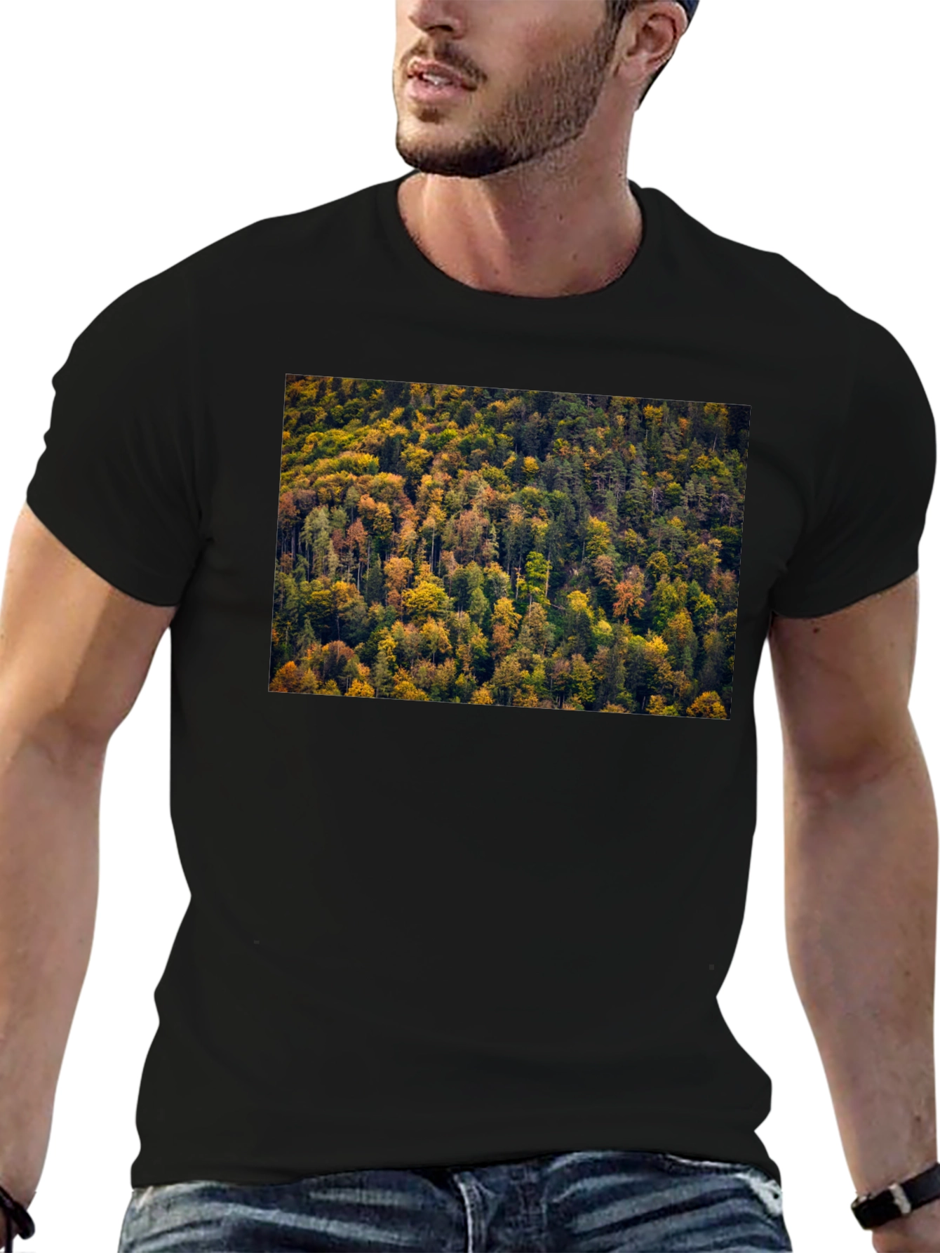 Camiseta Negra con Diseño de Bosque Otoñal