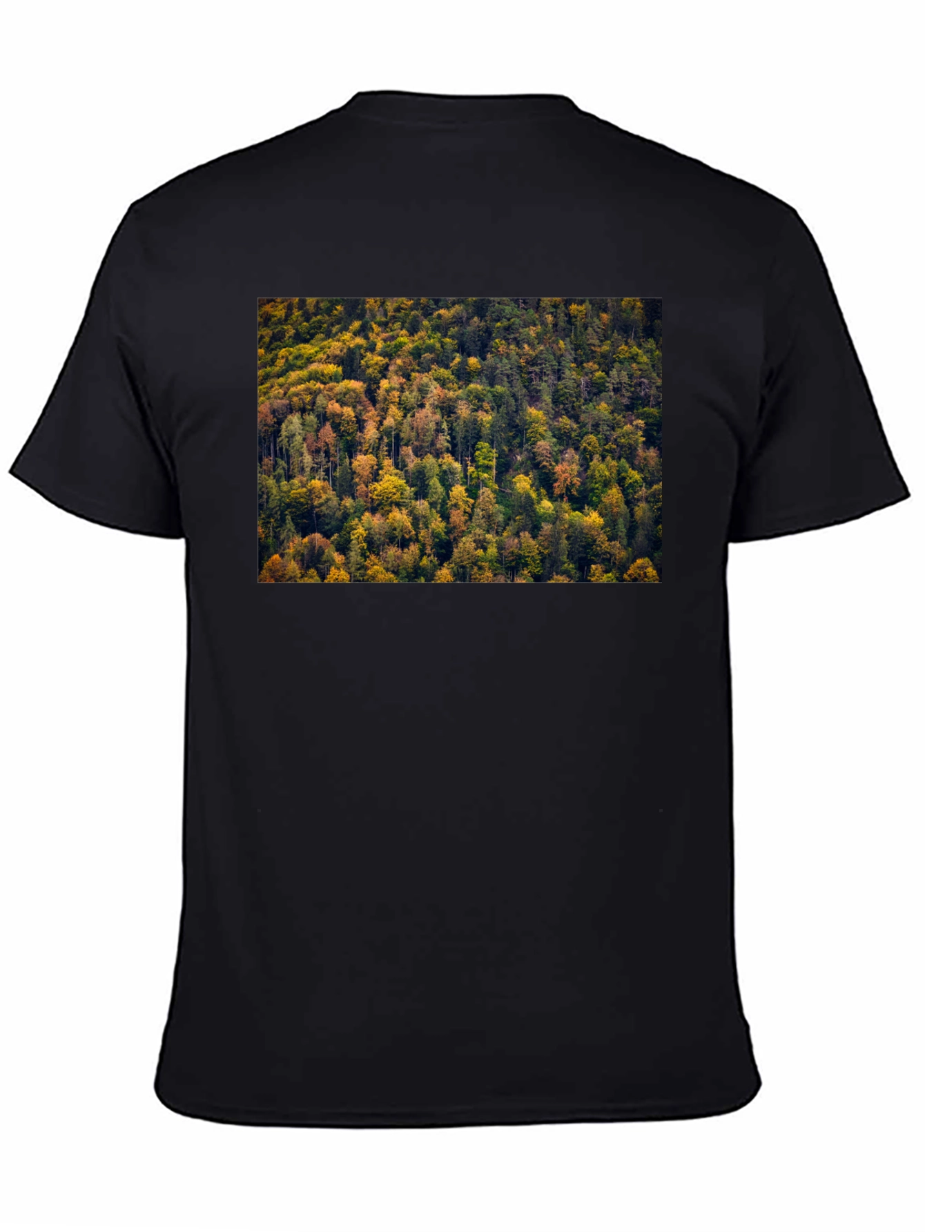 Camiseta Negra con Diseño de Bosque Otoñal