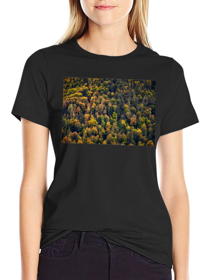 Camiseta Negra con Diseño de Bosque Otoñal