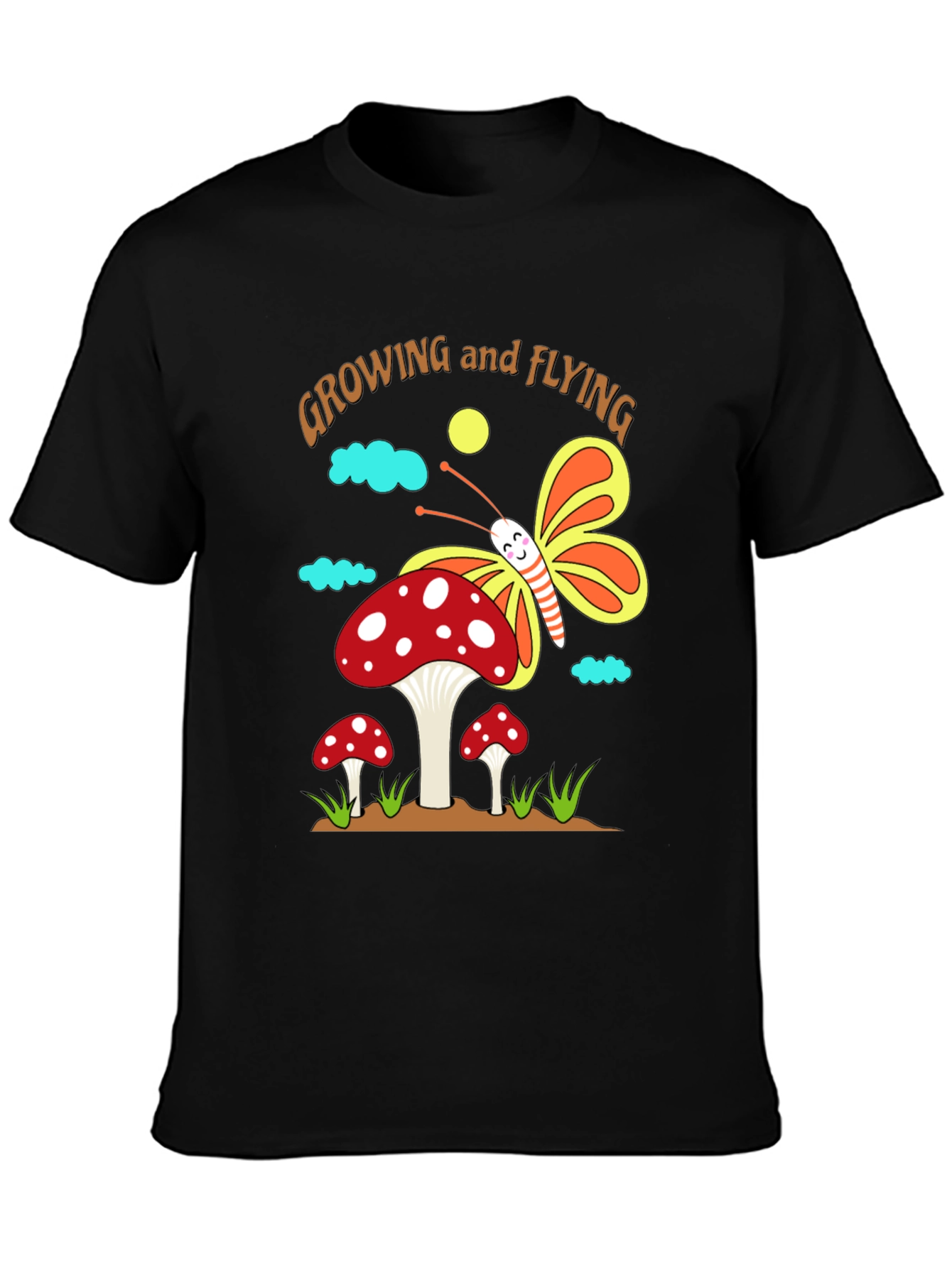 Camiseta Negra Diseño Hongo y Mariposa