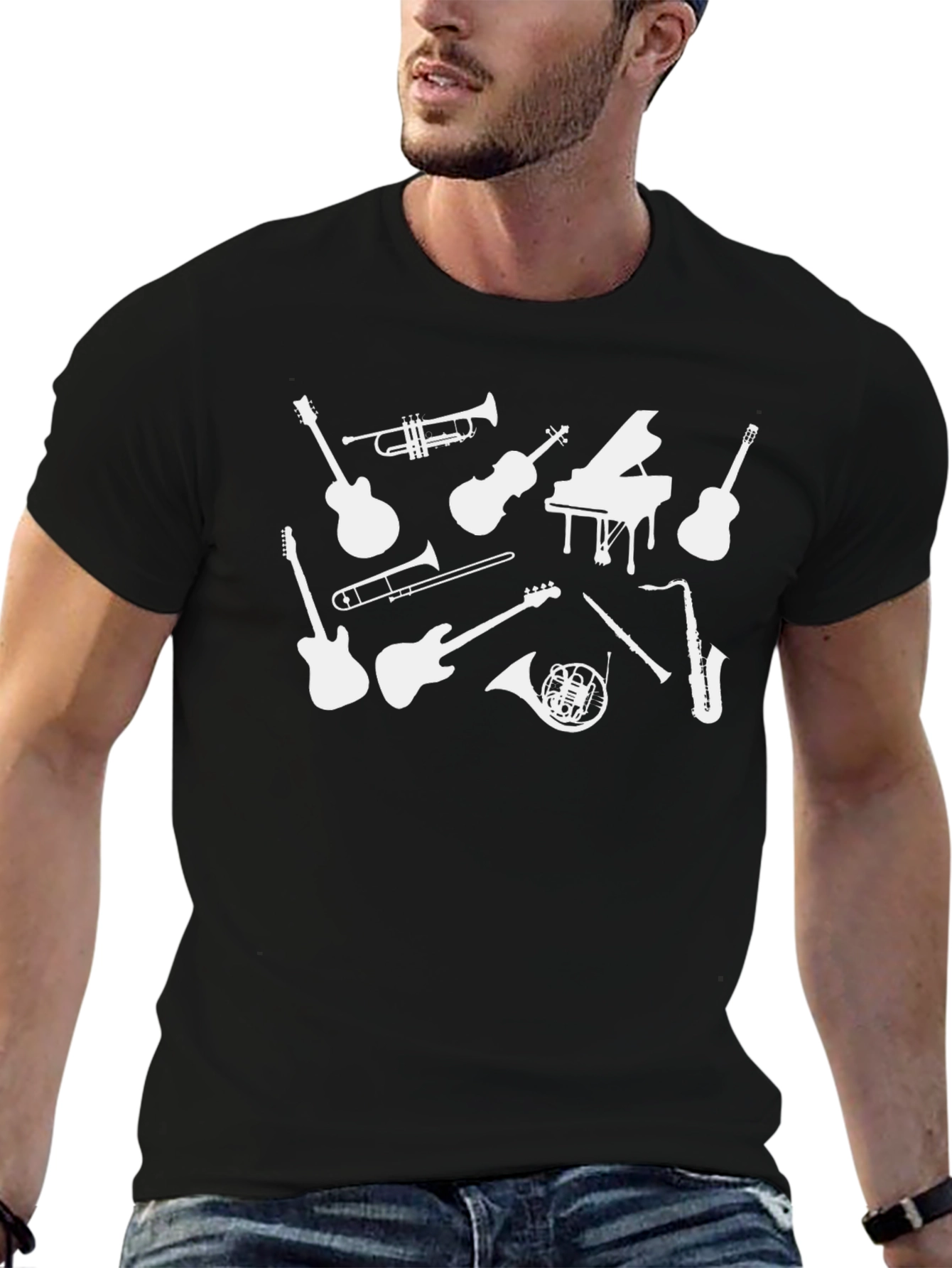 Camiseta Negra Musical con Instrumentos Blancos