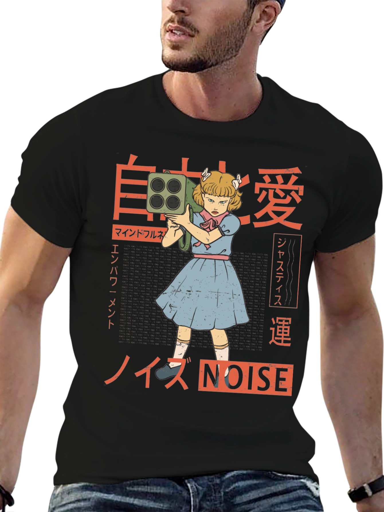 Camiseta Negra con Diseño Estilo Anime NOISE