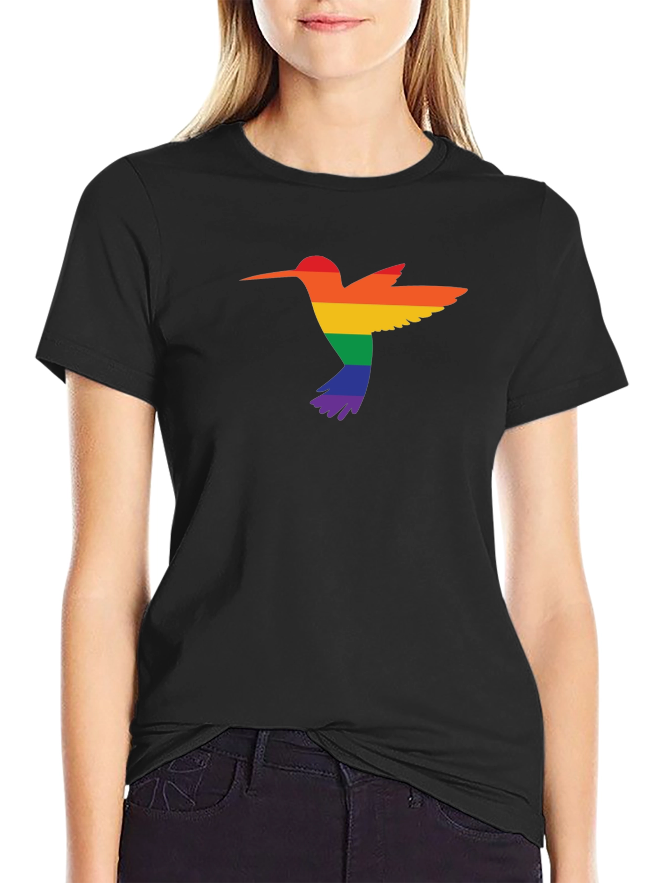 Camiseta Negra con Diseño de Colibrí Arcoíris