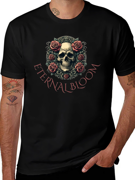 Camiseta Negra con Diseño de Calavera Floral Eternal Bloom