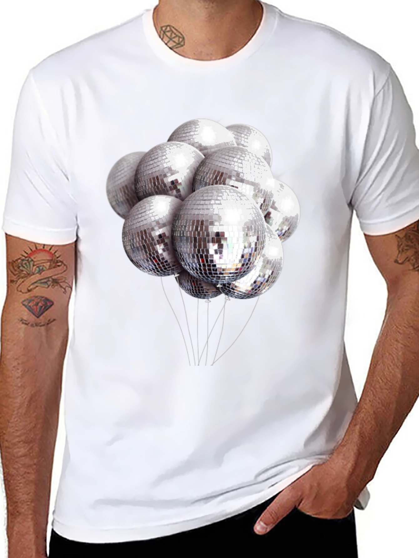 Camiseta Negra con Estampado de Bolas de Discoteca