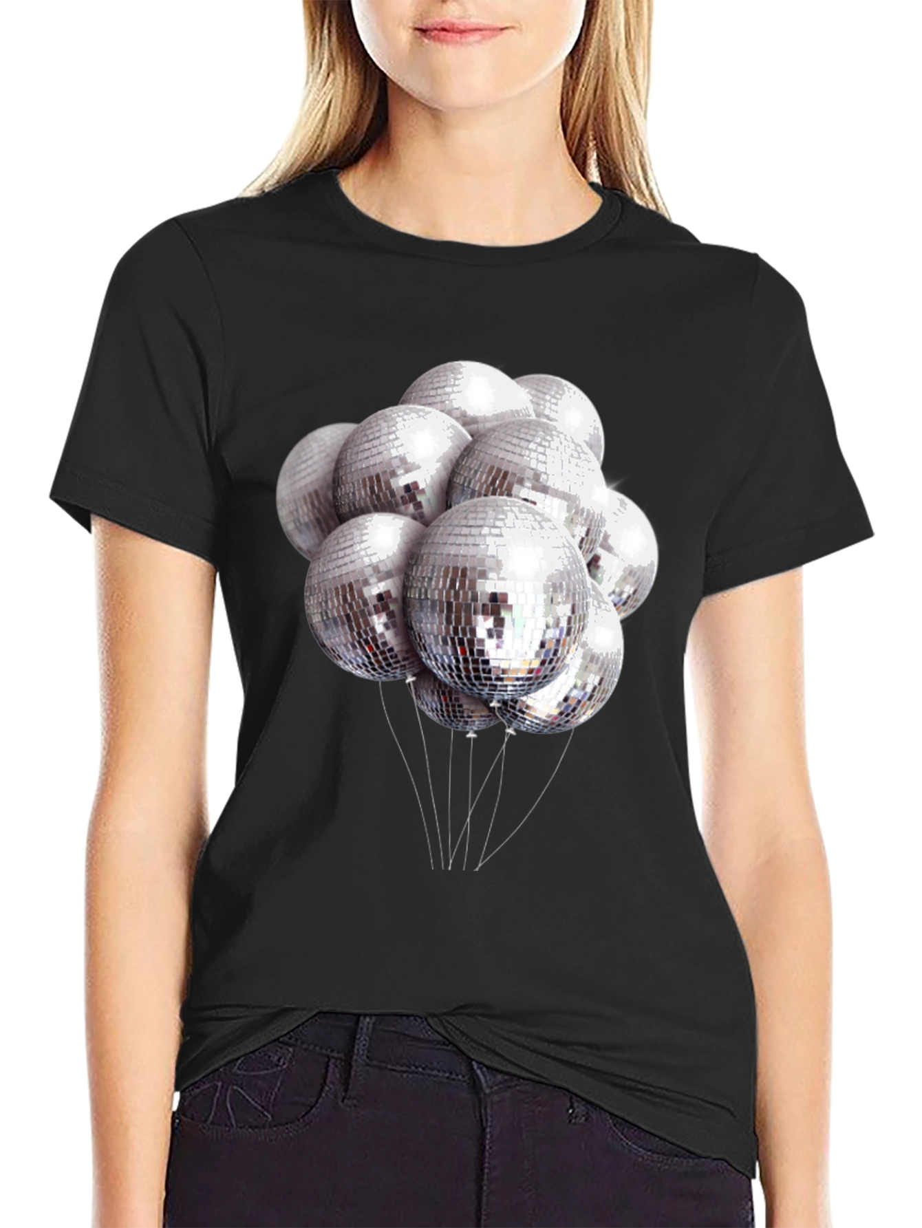 Camiseta Negra con Estampado de Bolas de Discoteca
