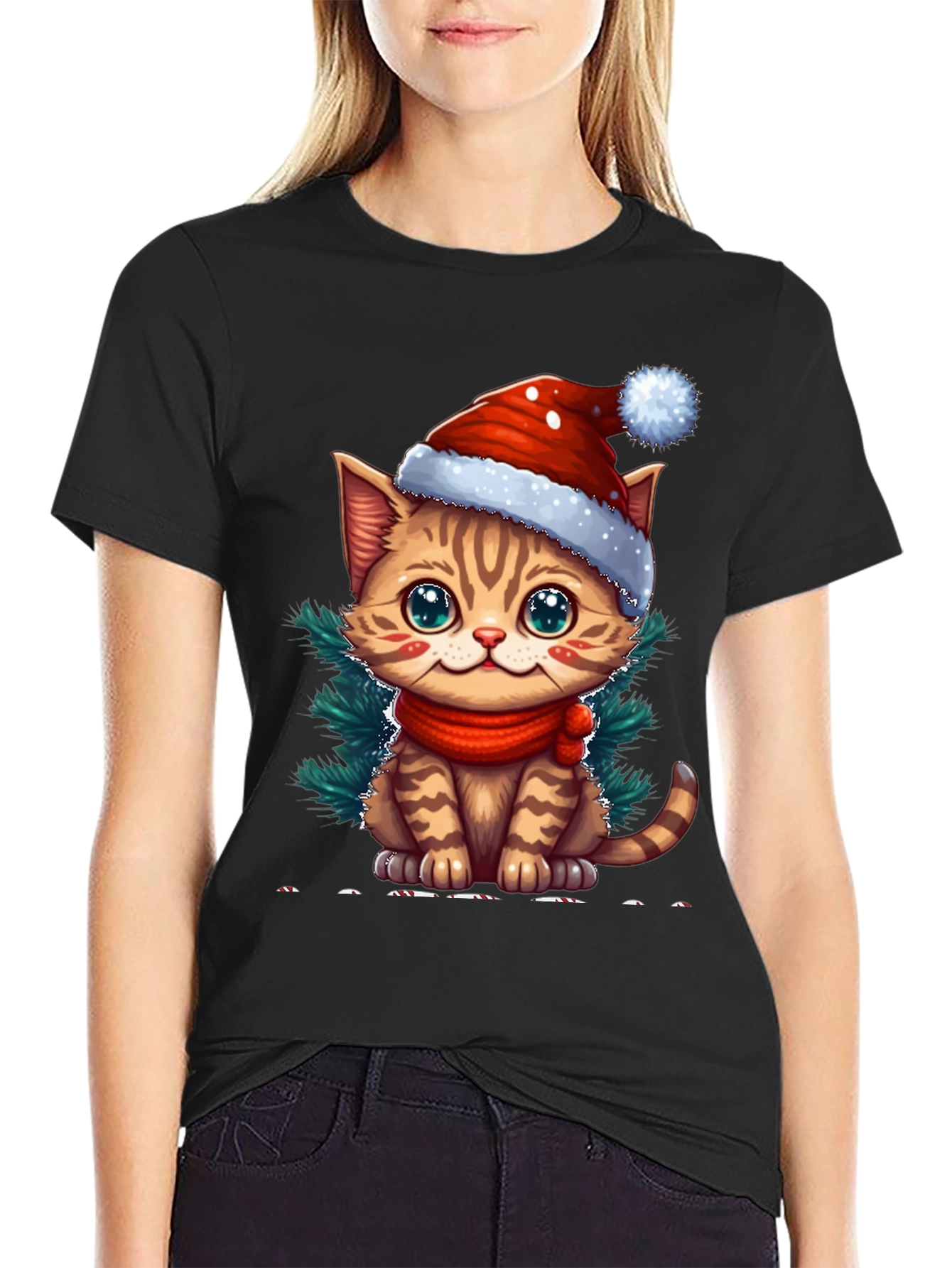 Camiseta Negra con Gato Navideño
