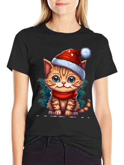 Camiseta Negra con Gato Navideño