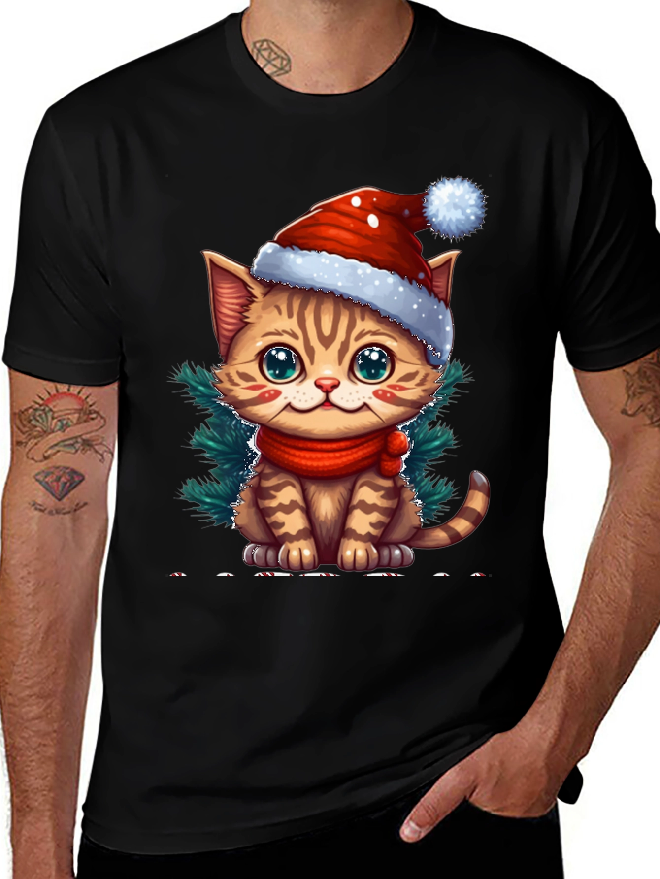 Camiseta Negra con Gato Navideño