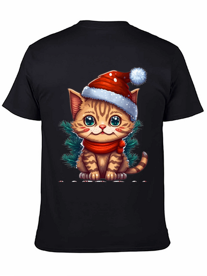 Camiseta Negra con Gato Navideño