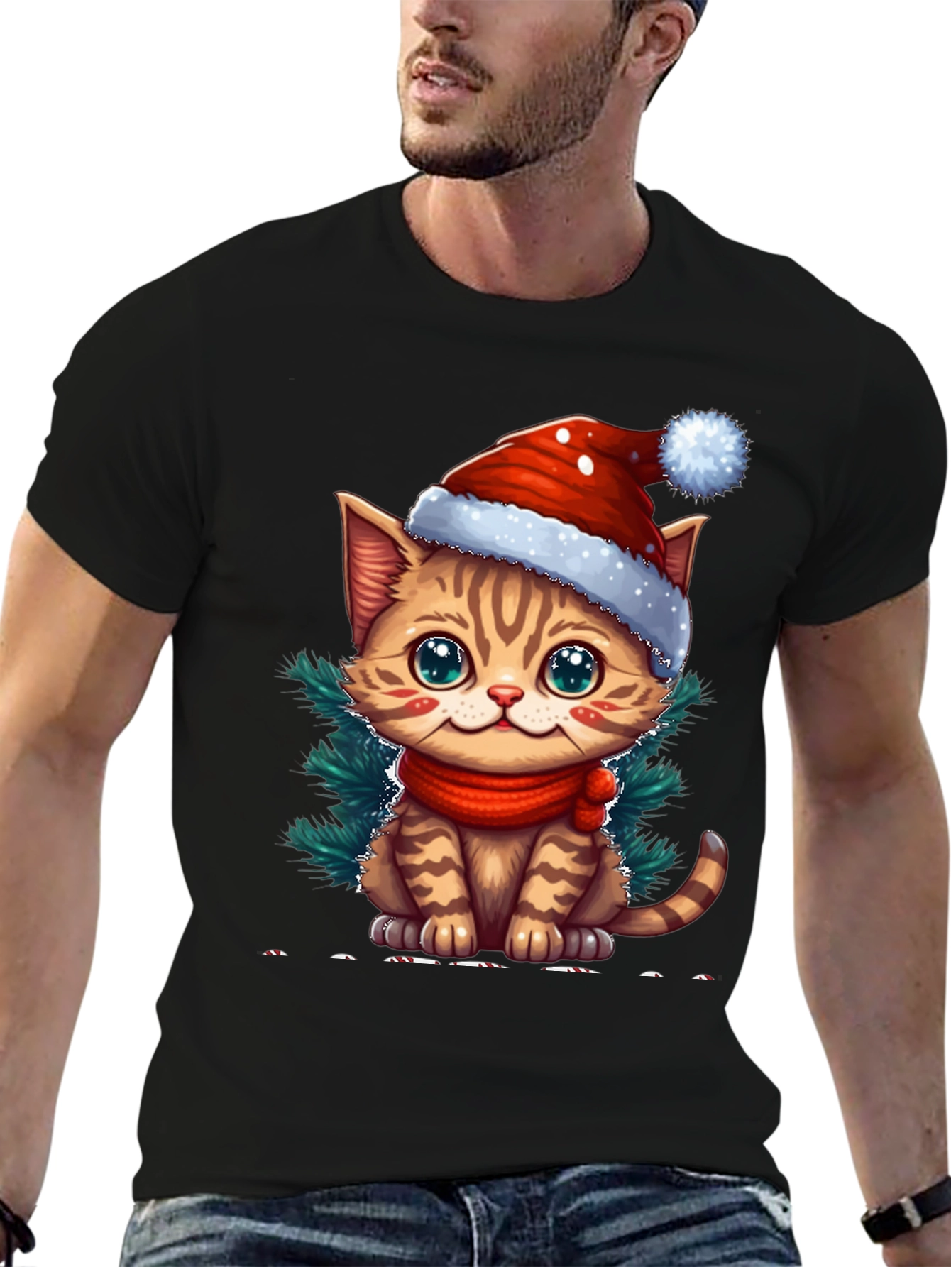 Camiseta Negra con Gato Navideño