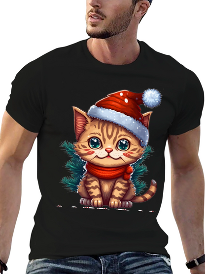 Camiseta Negra con Gato Navideño