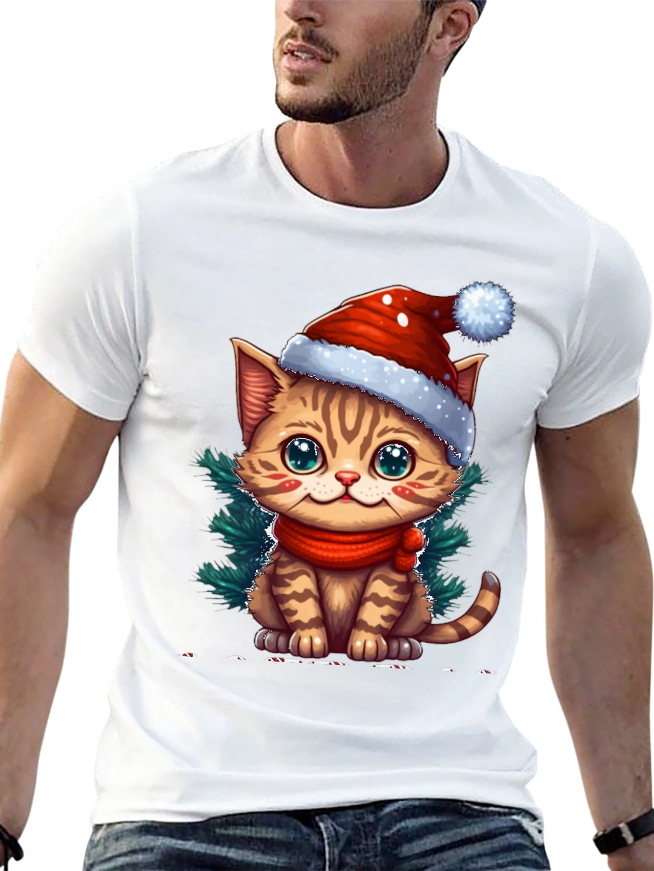 Camiseta Negra con Gato Navideño
