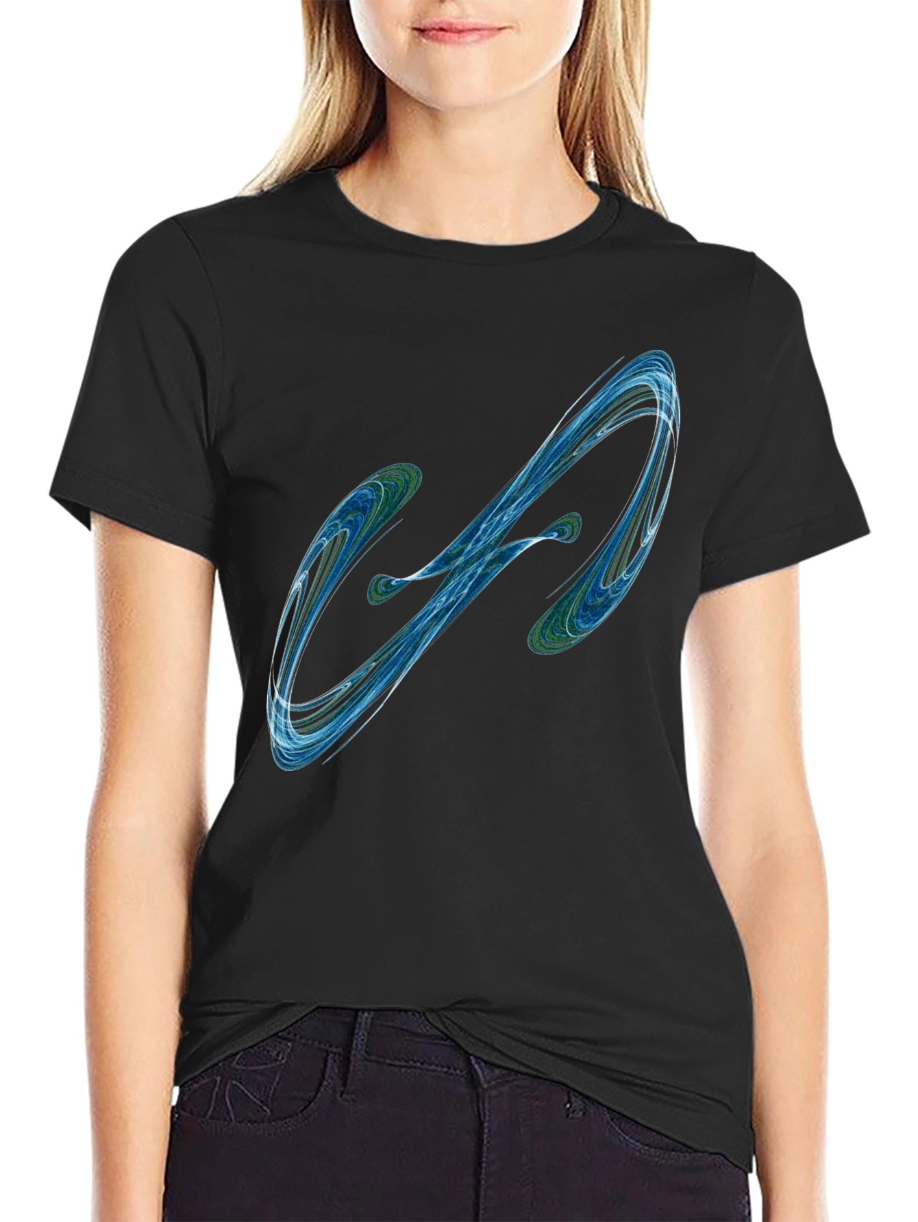 Camiseta Negra con Diseño Abstracto Azul y Verde