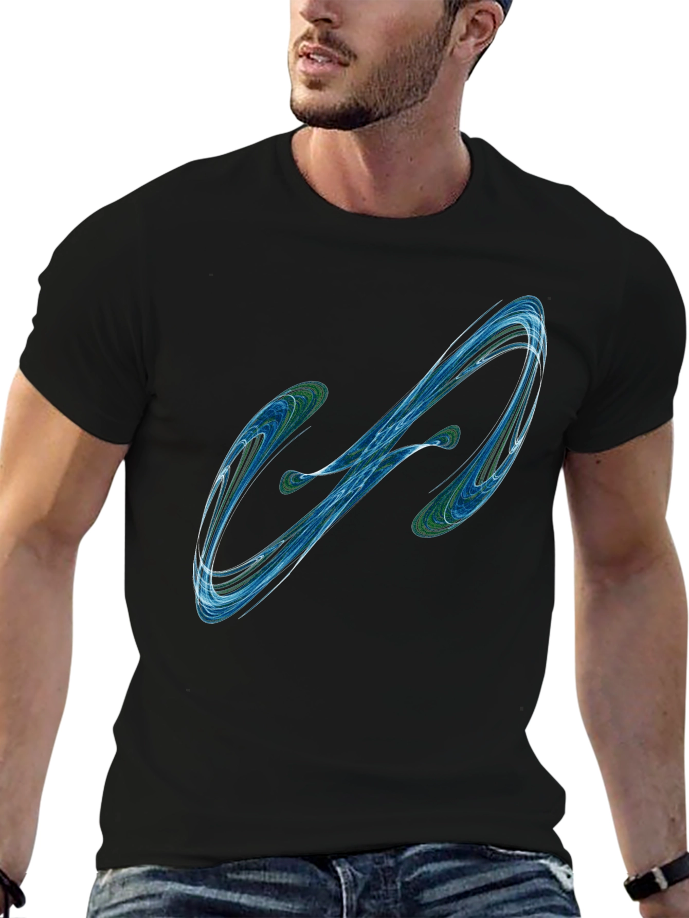 Camiseta Negra con Diseño Abstracto Azul y Verde