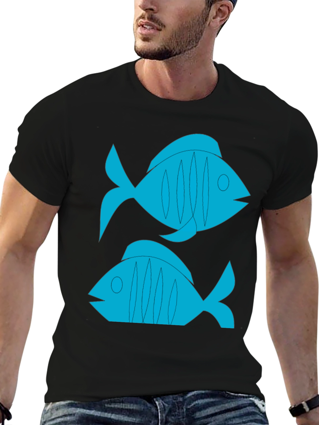 Camiseta Negra con Diseño de Peces Azules