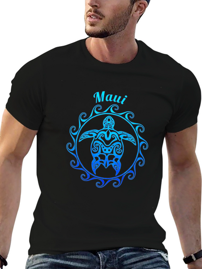 Camiseta Negra Maui Tortuga Tribal Degradado Azul