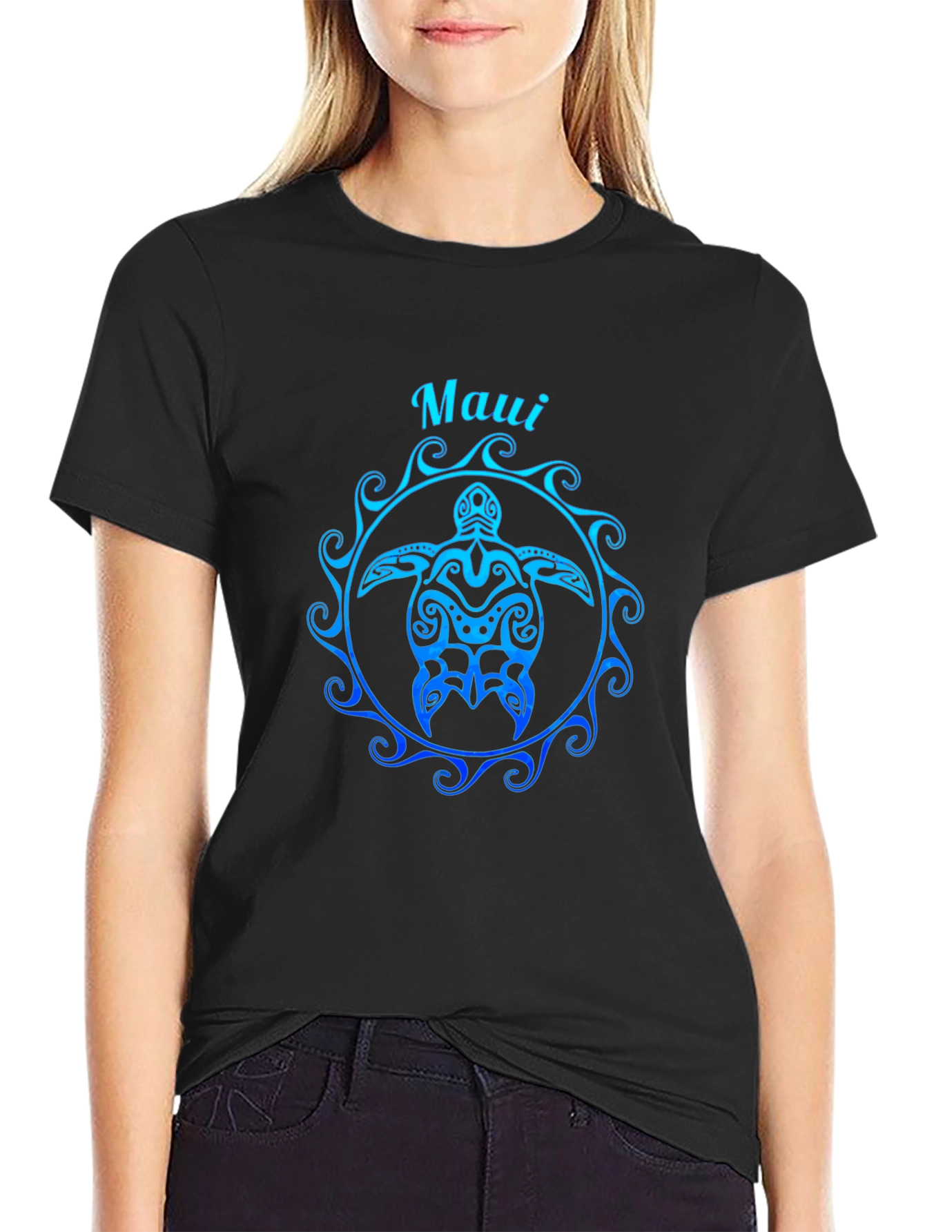 Camiseta Negra Maui Tortuga Tribal Degradado Azul