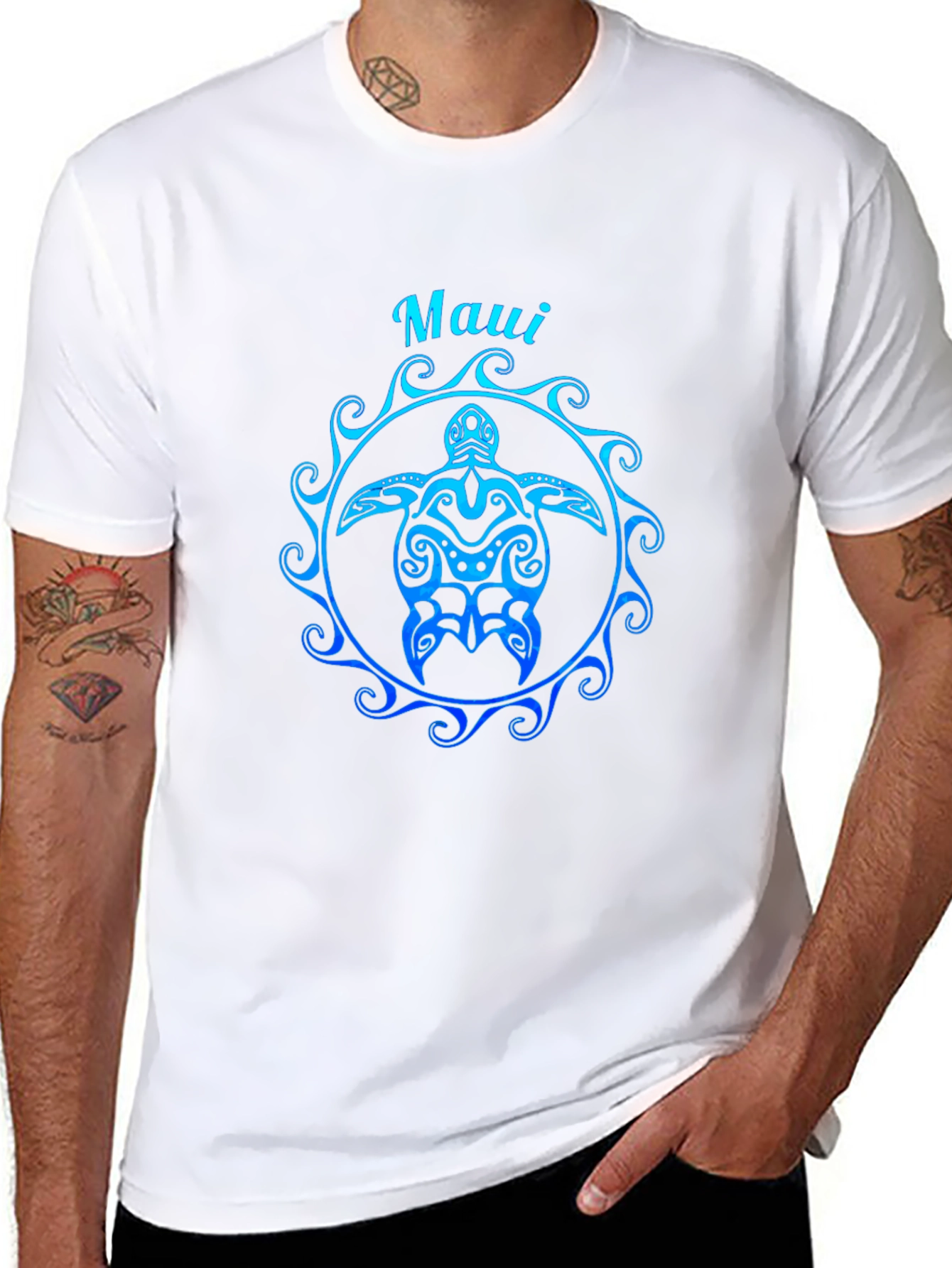 Camiseta Negra Maui Tortuga Tribal Degradado Azul