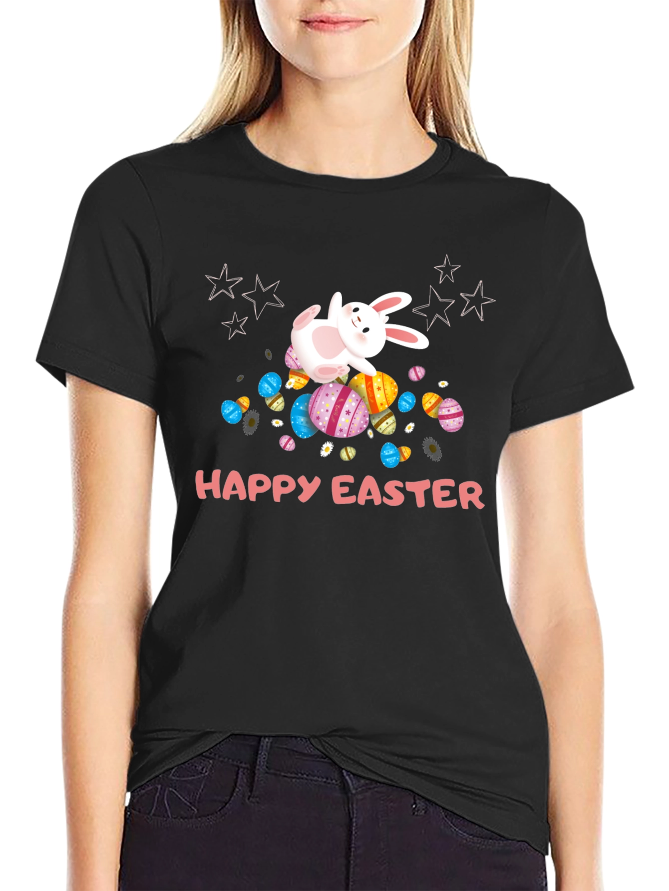 Camiseta Negra Happy Easter con Conejo