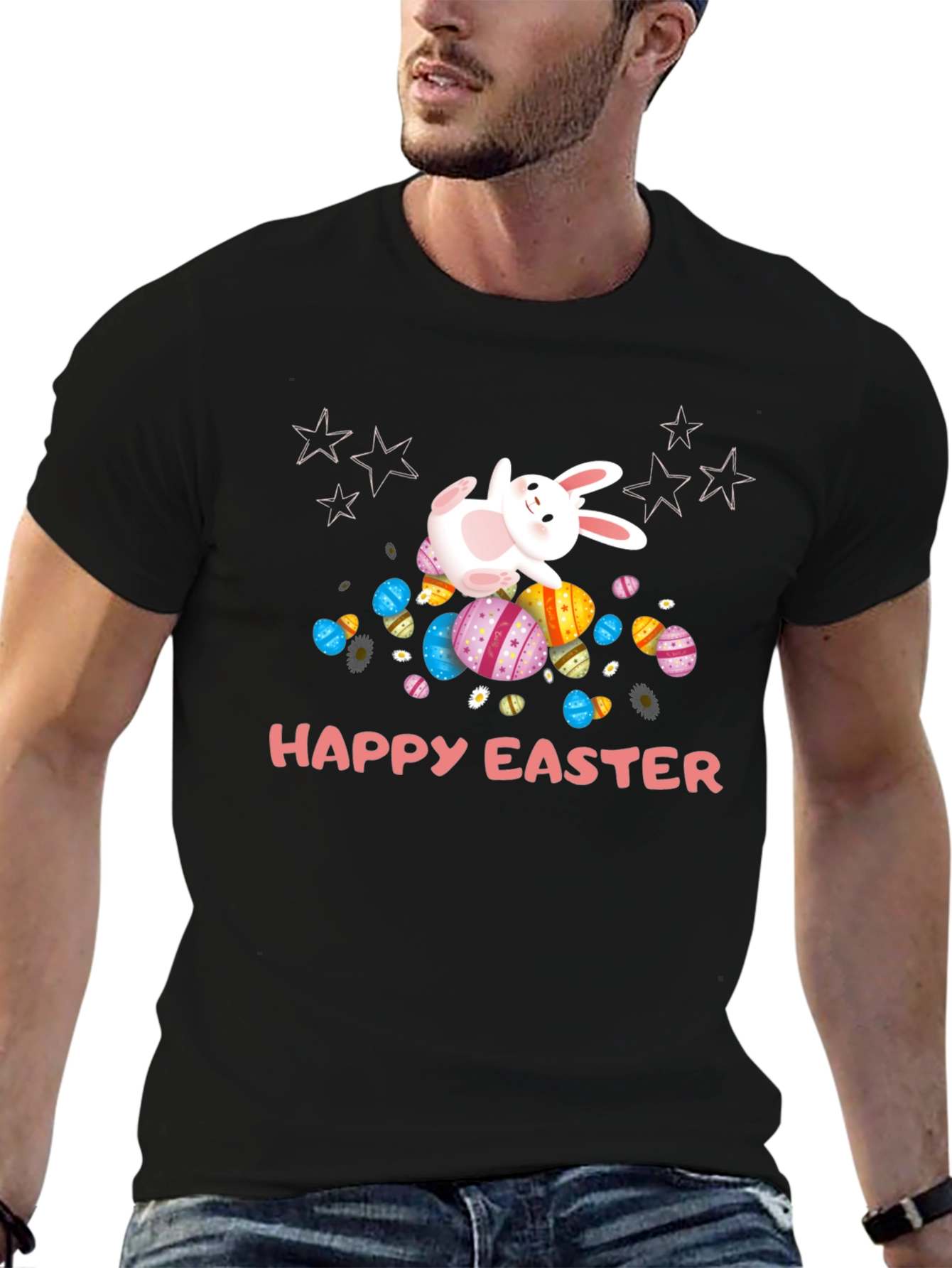 Camiseta Negra Happy Easter con Conejo
