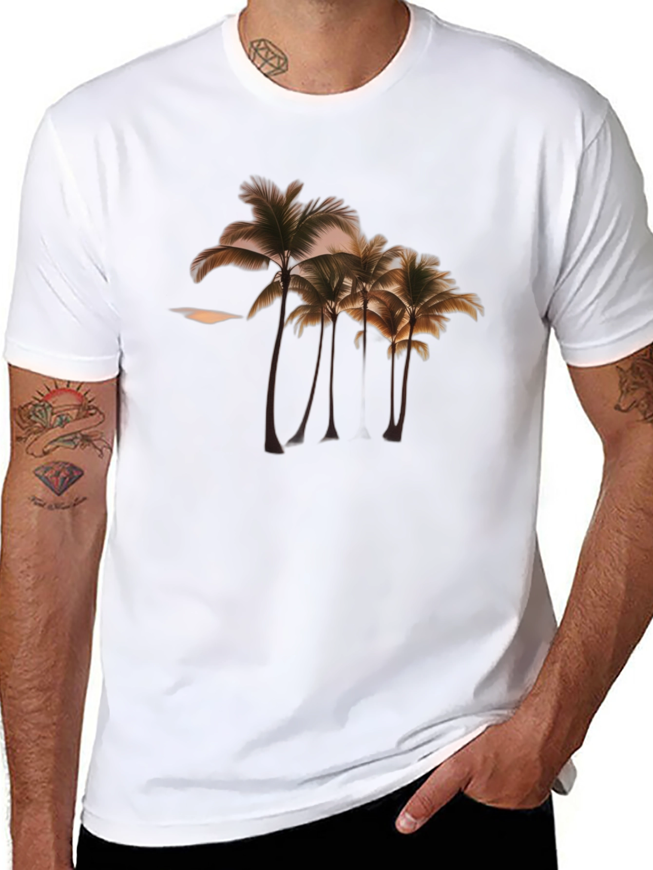 Camiseta Negra con Diseño de Palmeras Tropicales