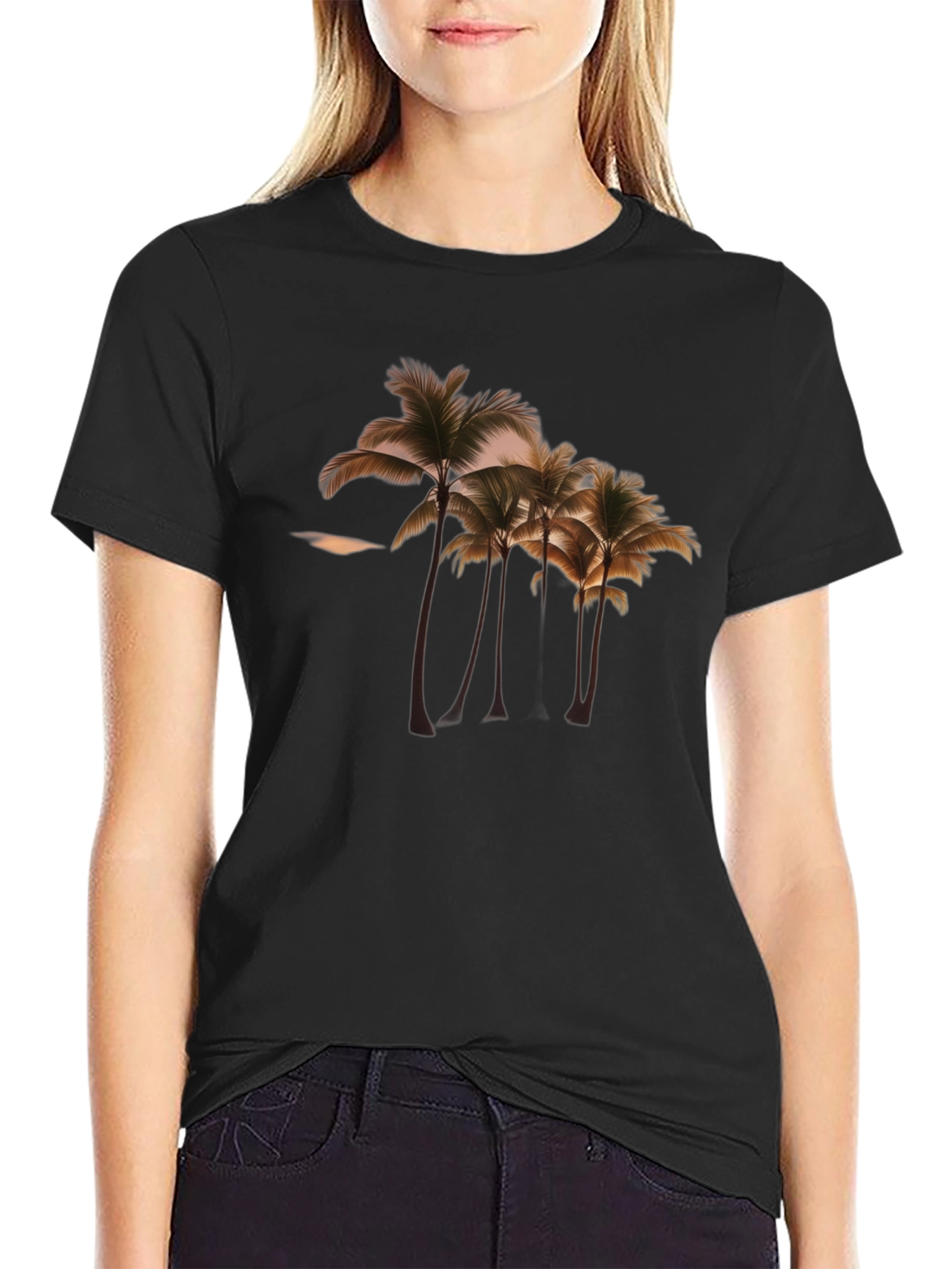 Camiseta Negra con Diseño de Palmeras Tropicales