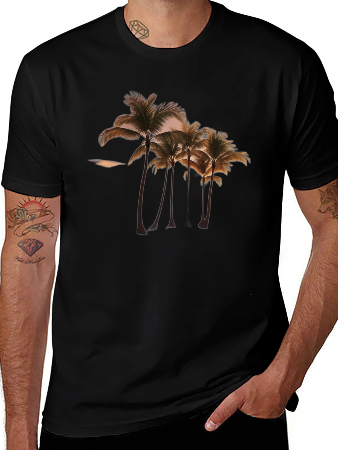 Camiseta Negra con Diseño de Palmeras Tropicales