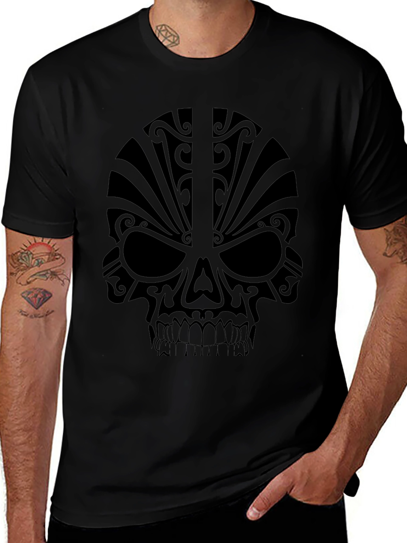 Camiseta Negra Calavera Tribal Hombre