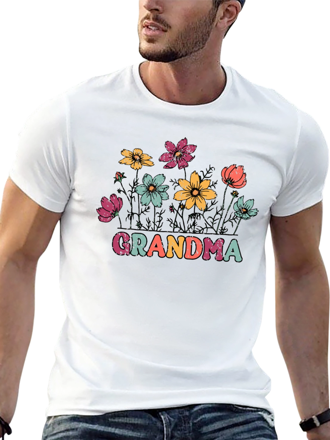 Camiseta Negra con Flores y Texto Grandma