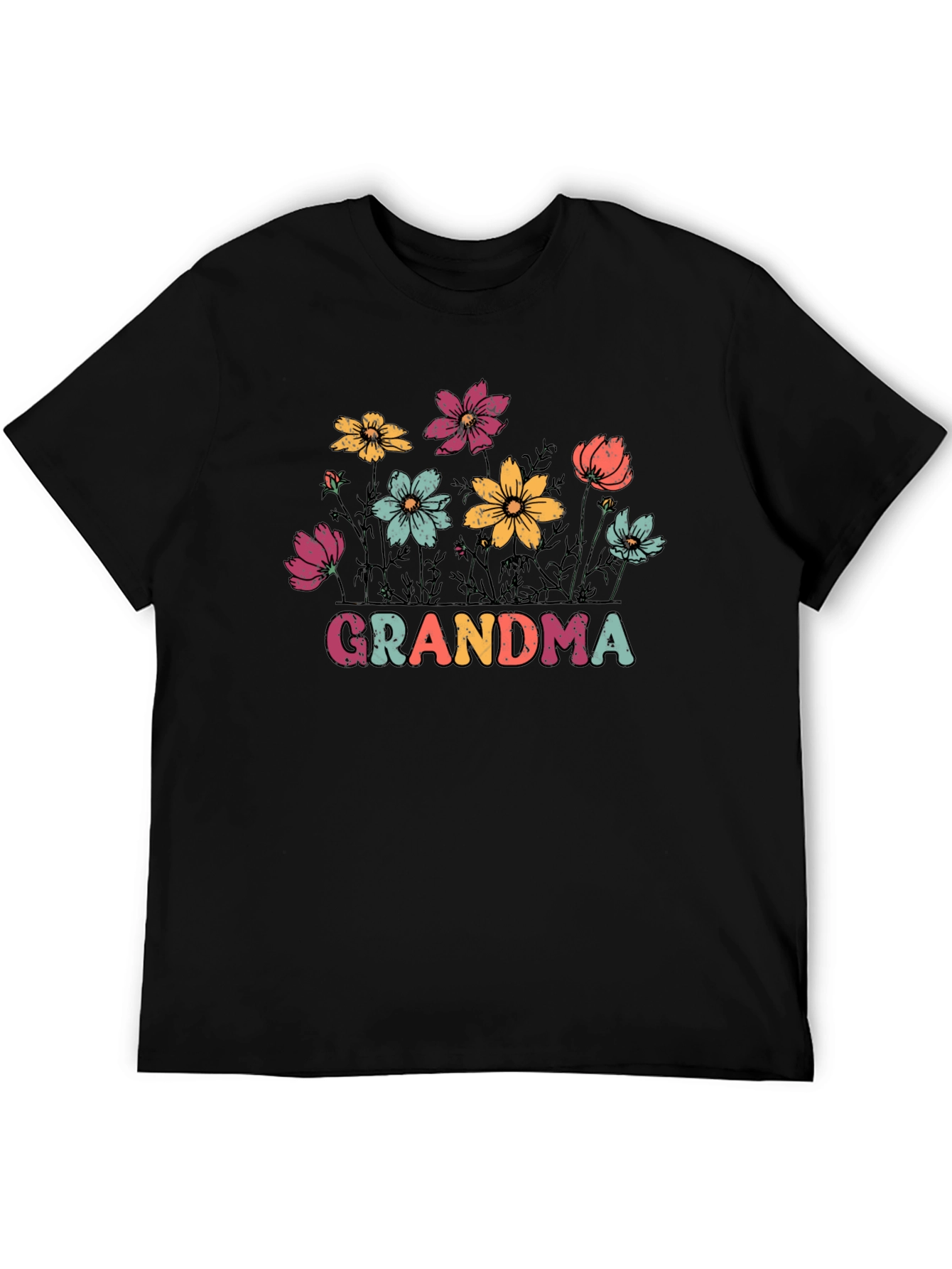 Camiseta Negra con Flores y Texto Grandma