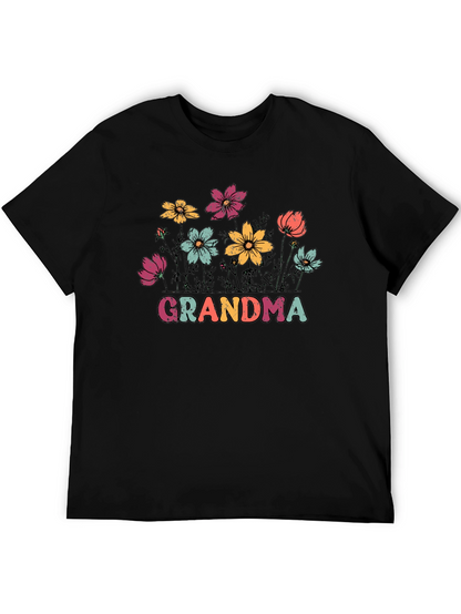 Camiseta Negra con Flores y Texto Grandma