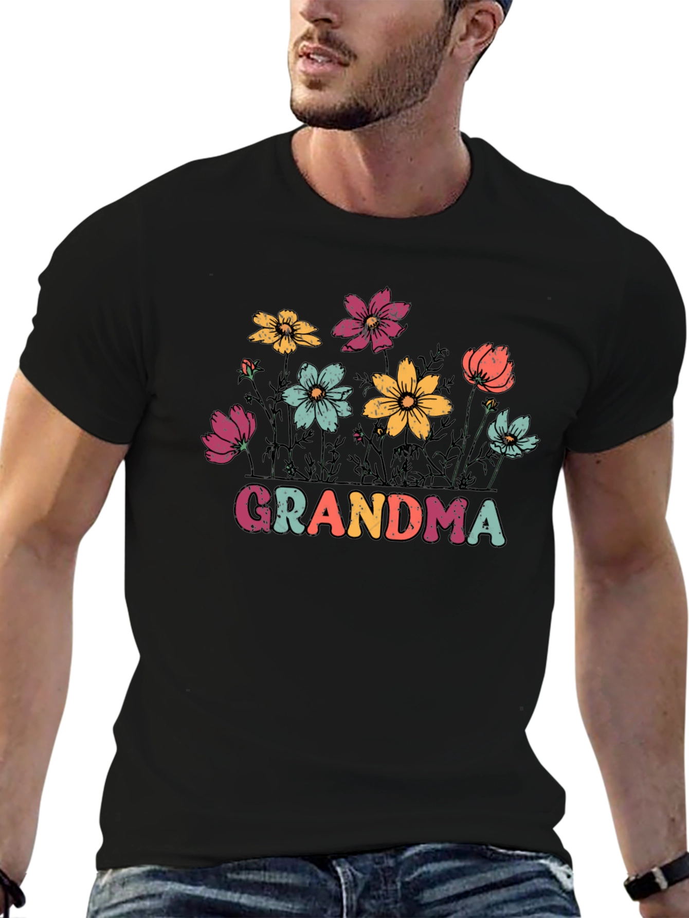 Camiseta Negra con Flores y Texto Grandma
