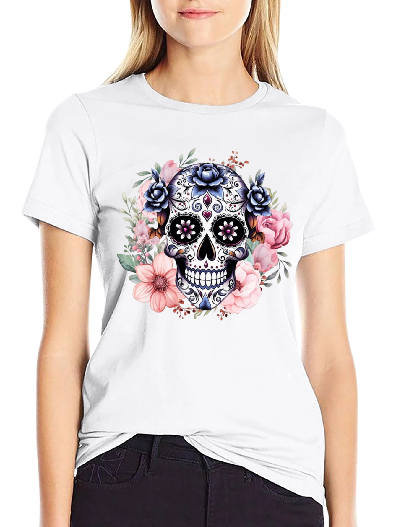Camiseta Calavera de Azúcar con Flores
