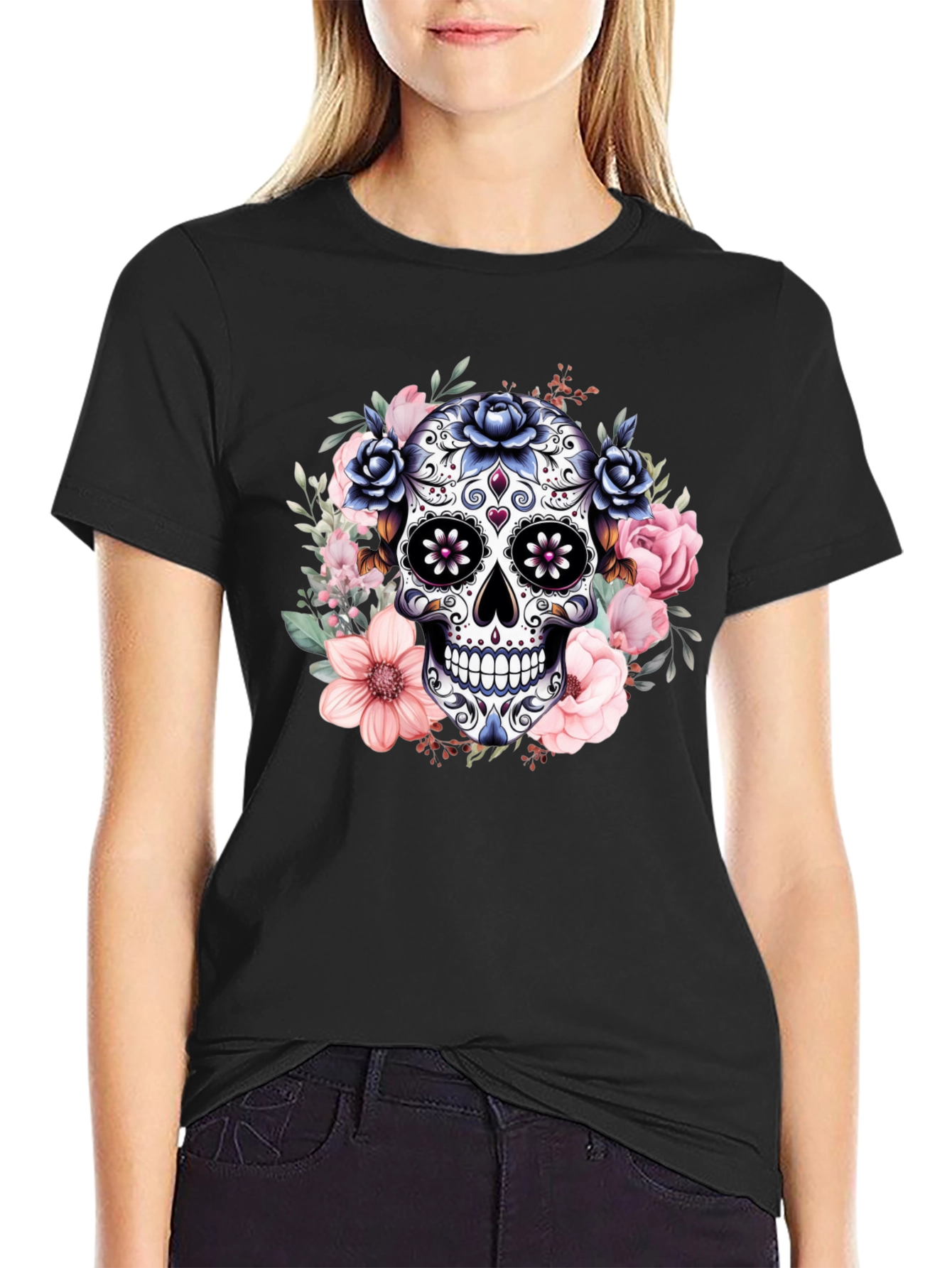 Camiseta Calavera de Azúcar con Flores