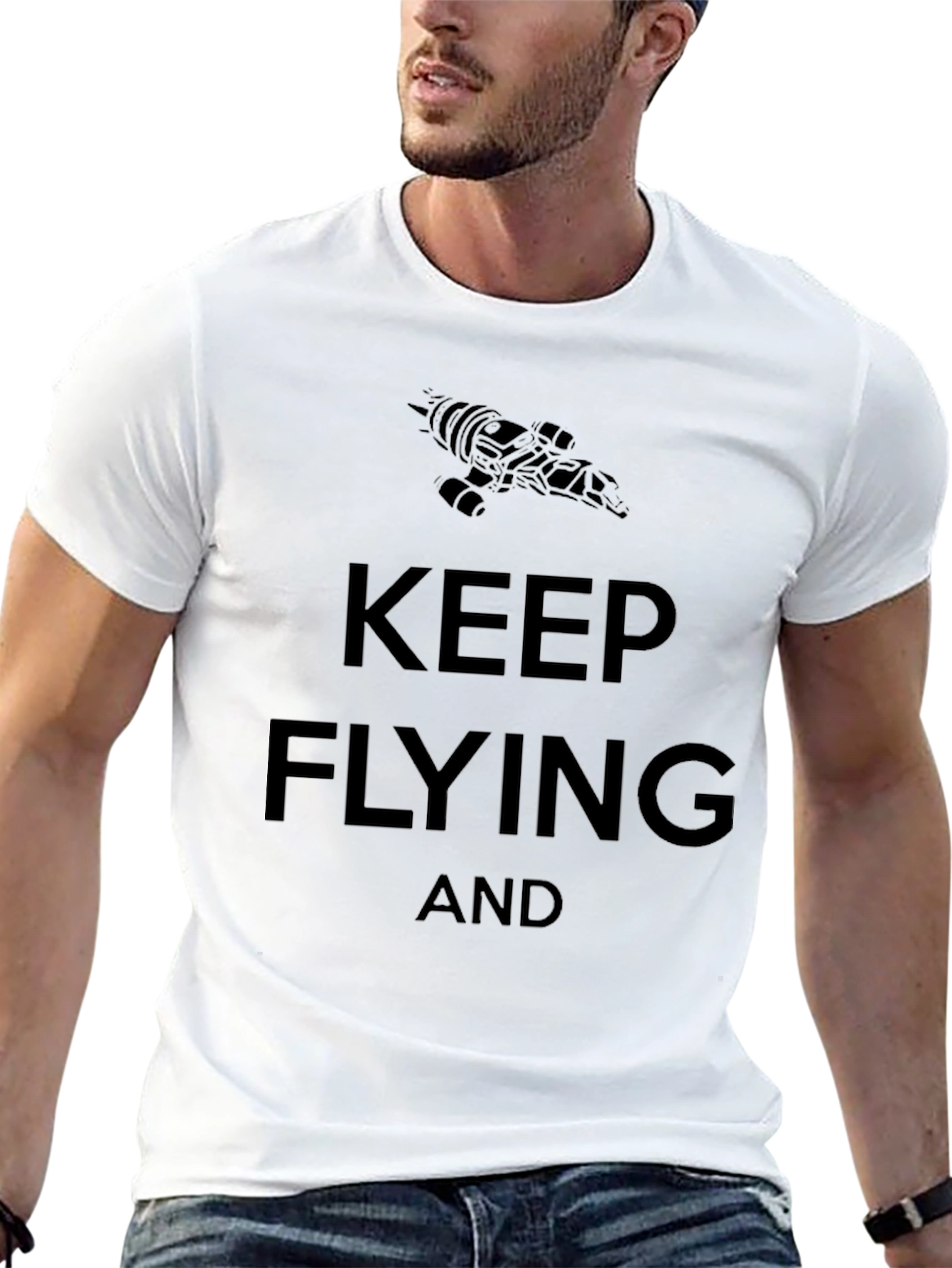 Camiseta Negra Keep Flying con Nave Espacial